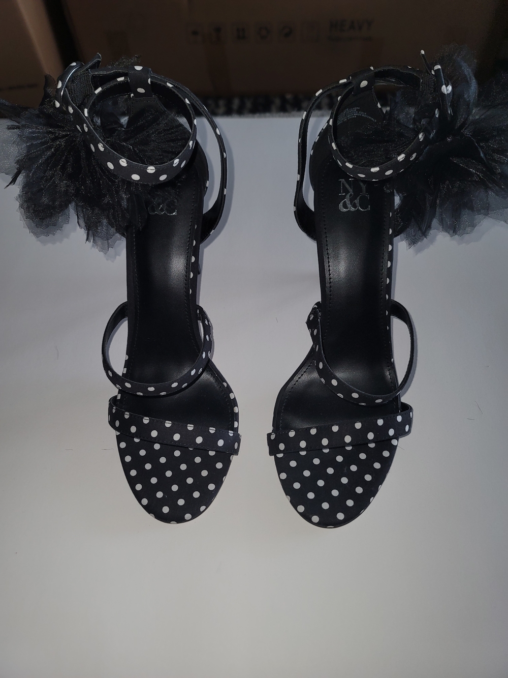 New York & Company Polka Dot Ankle-Strap Heels with Tulle Accent - Black